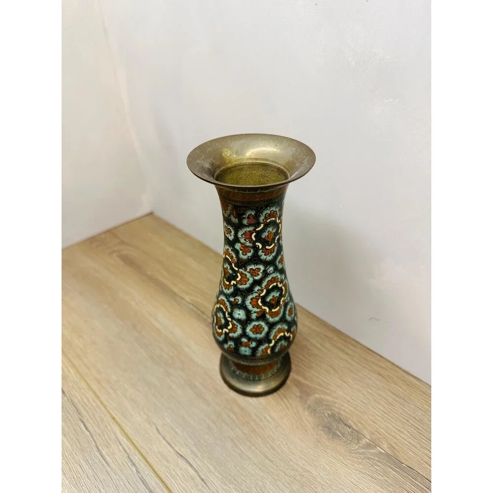 Vintage Indian Champleve Enameled Brass Vase 1970s Floral Blue White Orange Boho
